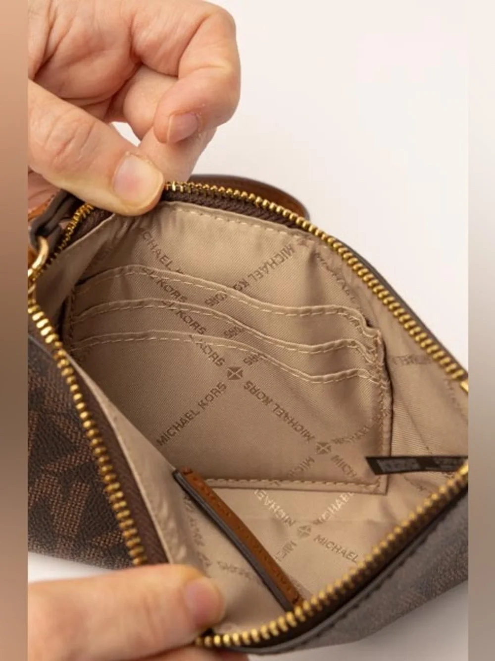 Michael Kors Brown Logo-Print Wristlet with Gold Hardware